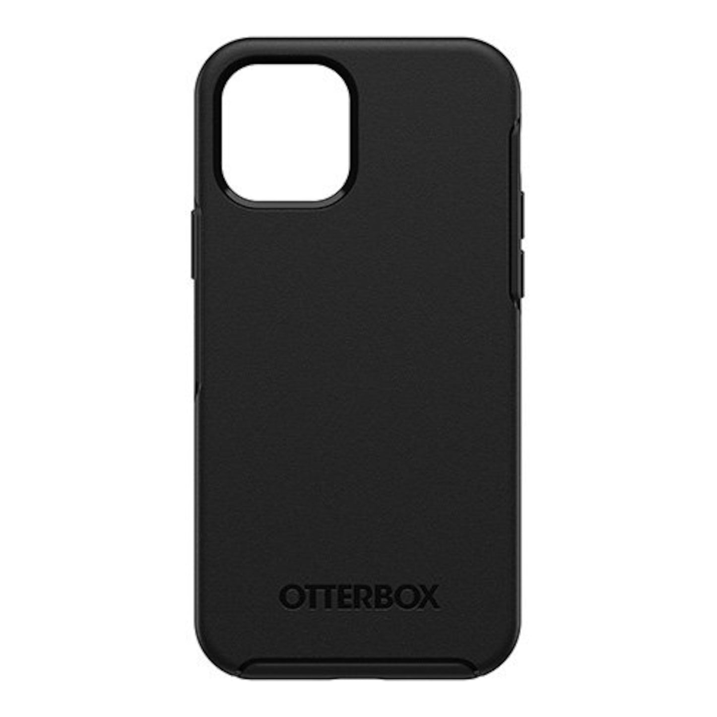 Otterbox Symmetry etui til iPhone 12/12 Pro sort bagfra med stort kamerahul og Otterbox-logo nederst.