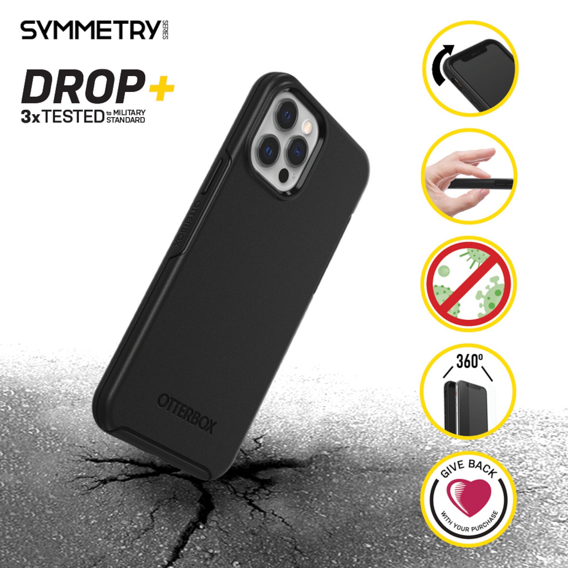 Otterbox Symmetry cover til iPhone 12/12 Pro sort med ikoner for stødmodstand, slankt design, antibakteriel og 360° beskyttelse.