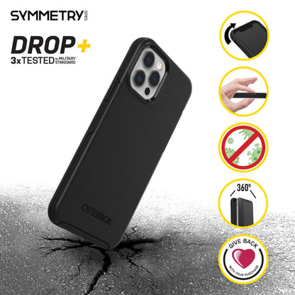 Otterbox Symmetry cover til iPhone 12/12 Pro sort med ikoner for stødmodstand, slankt design, antibakteriel og 360° beskyttelse.