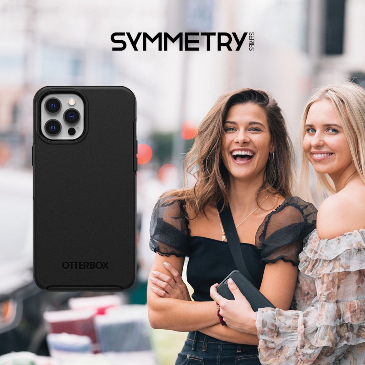 Otterbox Symmetry Etui til iPhone 12/12 Pro Sort på iPhone 12, Otterbox-logo synligt over coveret.