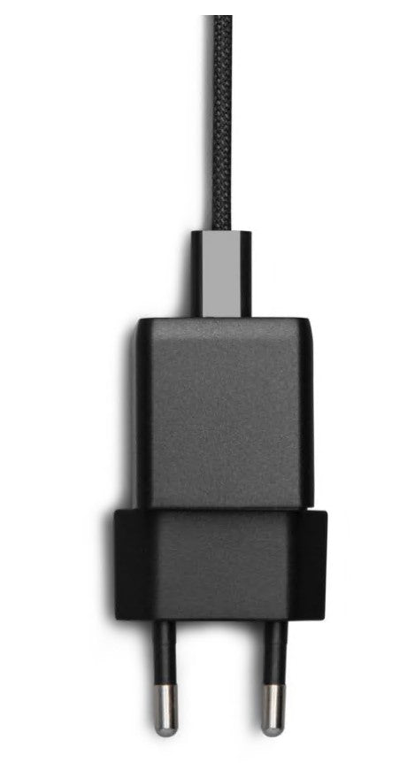 Linocell USB-C oplader PD 20W sort, europæisk stik, vises oppefra med fastgjort USB-C-kabel, Quick Charge 3.0, Power Delivery.