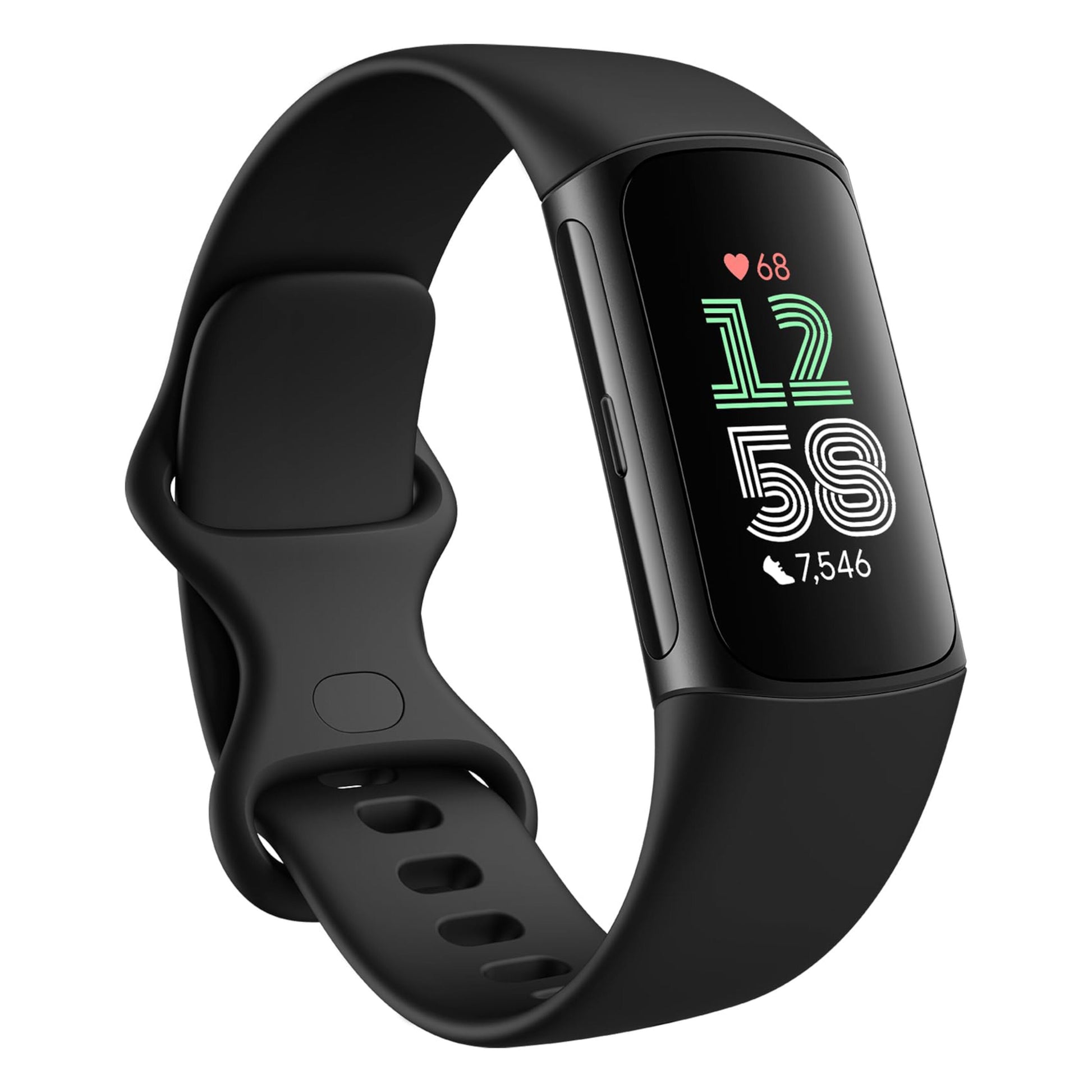 Fitbit Oplad 6 aktivitetsarmbånd sorterer med buet skærm, viser tid, puls, skridt og har justerbar rem.