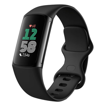 Fitbit Oplad 6 aktivitetsarmbånd sort, rektangulær farveskærm med tid, puls og skridt, justerbar lås med huller.