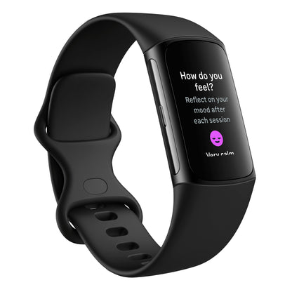 Fitbit Oplad 6 aktivitetsarmbånd viser "How do you feel?" på displayet og pink emoji for "Very calm" efter træning.