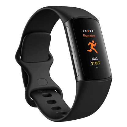 Fitbit Oplad 6 aktivitetsarmbånd med sort buet skærm, træningstilstand, løbeikon og "Run START" i orange og gul.
