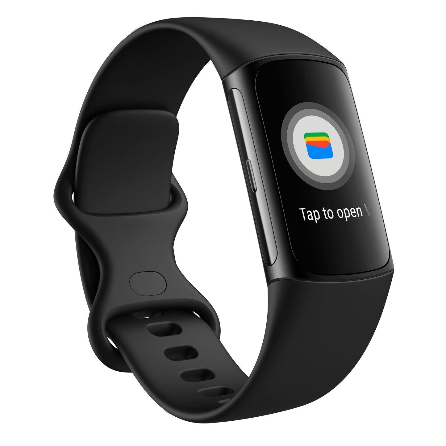 Fitbit Oplad 6 aktivitetsarmbånd, sortering, rektangulær touchscreen, digitalt tegnebogsikon og teksten "Tryk for at åbne.