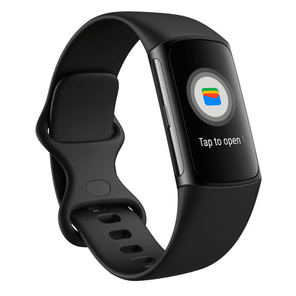 Fitbit Oplad 6 aktivitetsarmbånd, sortering, rektangulær touchscreen, digitalt tegnebogsikon og teksten "Tryk for at åbne.