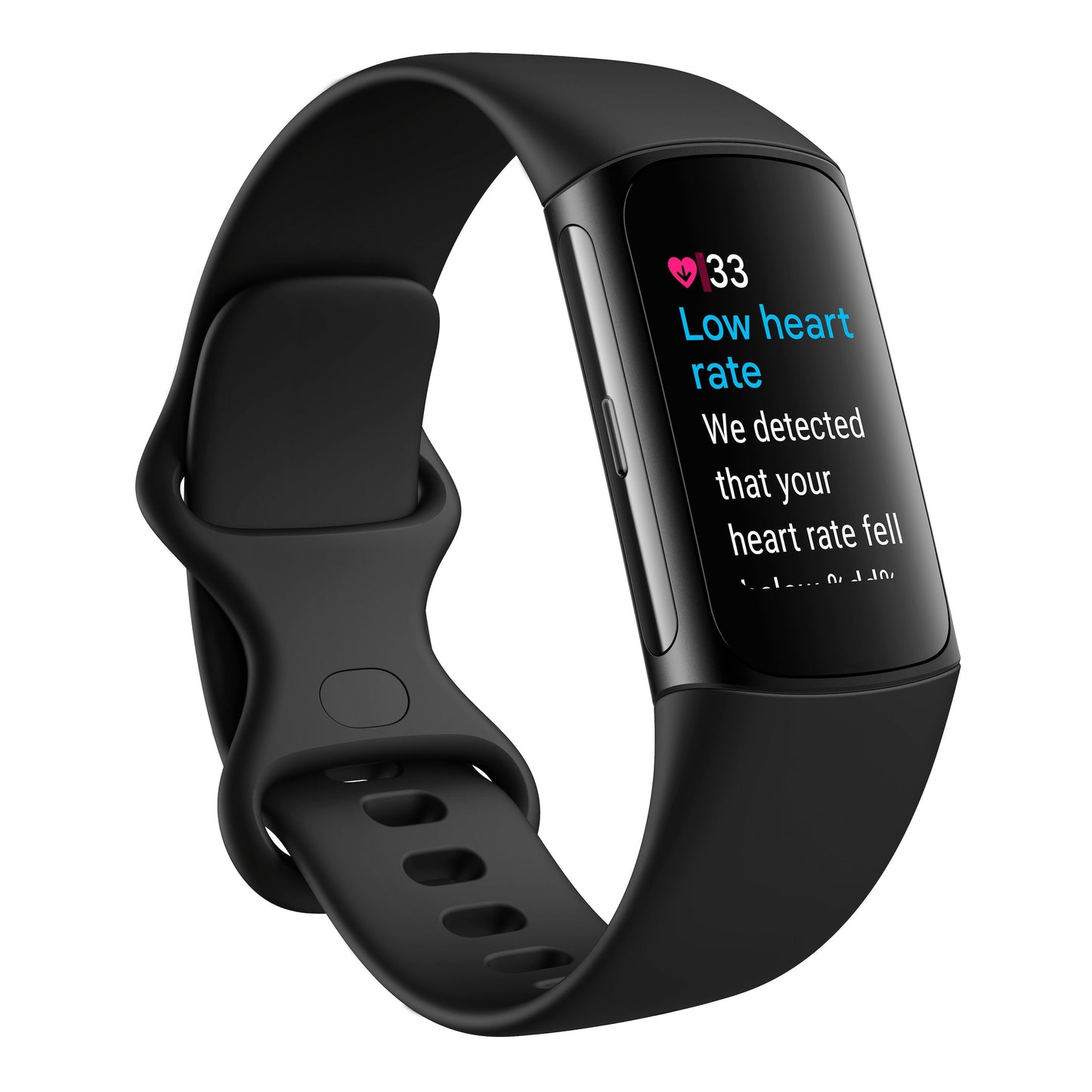 Fitbit Oplad 6 aktivitetsarmbånd med sort buet skærm, blødt silikonearmbånd, sideknap og lav pulsadvarsel.