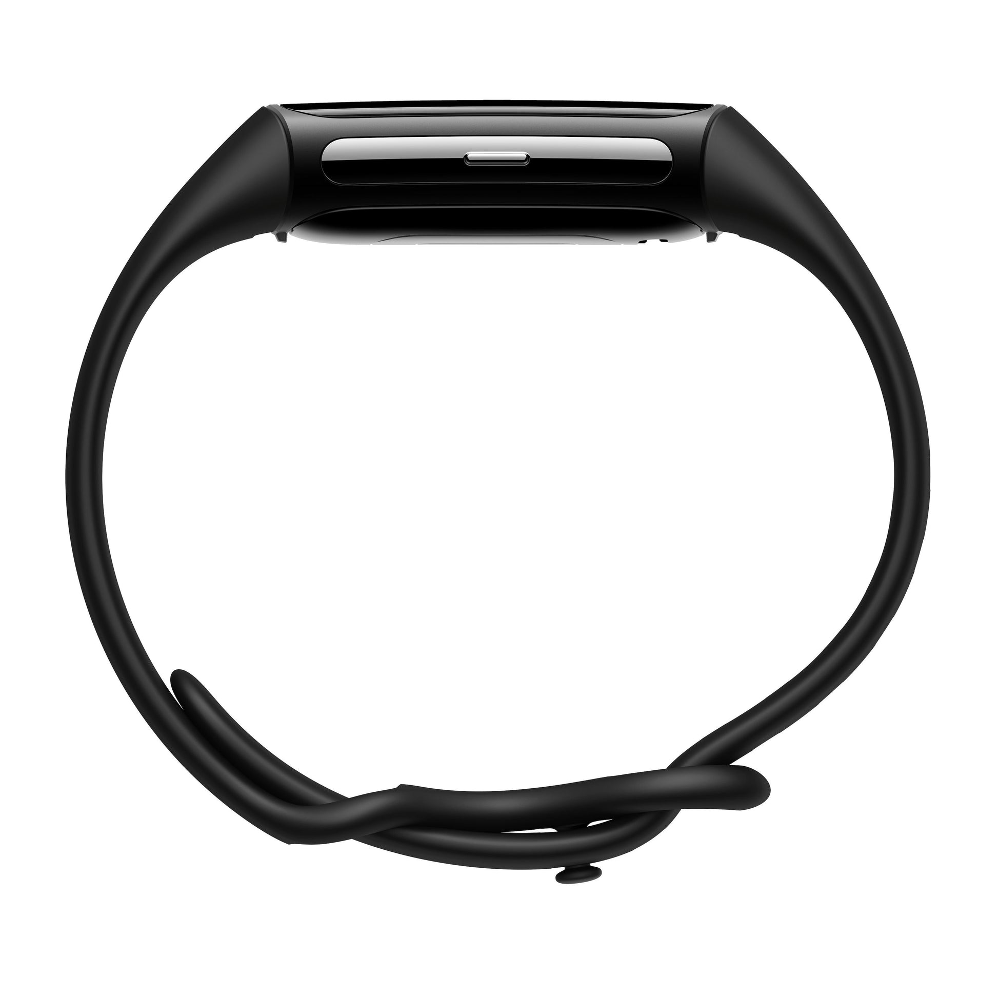 Fitbit Oplad 6 aktivitetsarmbånd i sort, slank buet rem, rektangulært display, set fra siden med lukket rem.
