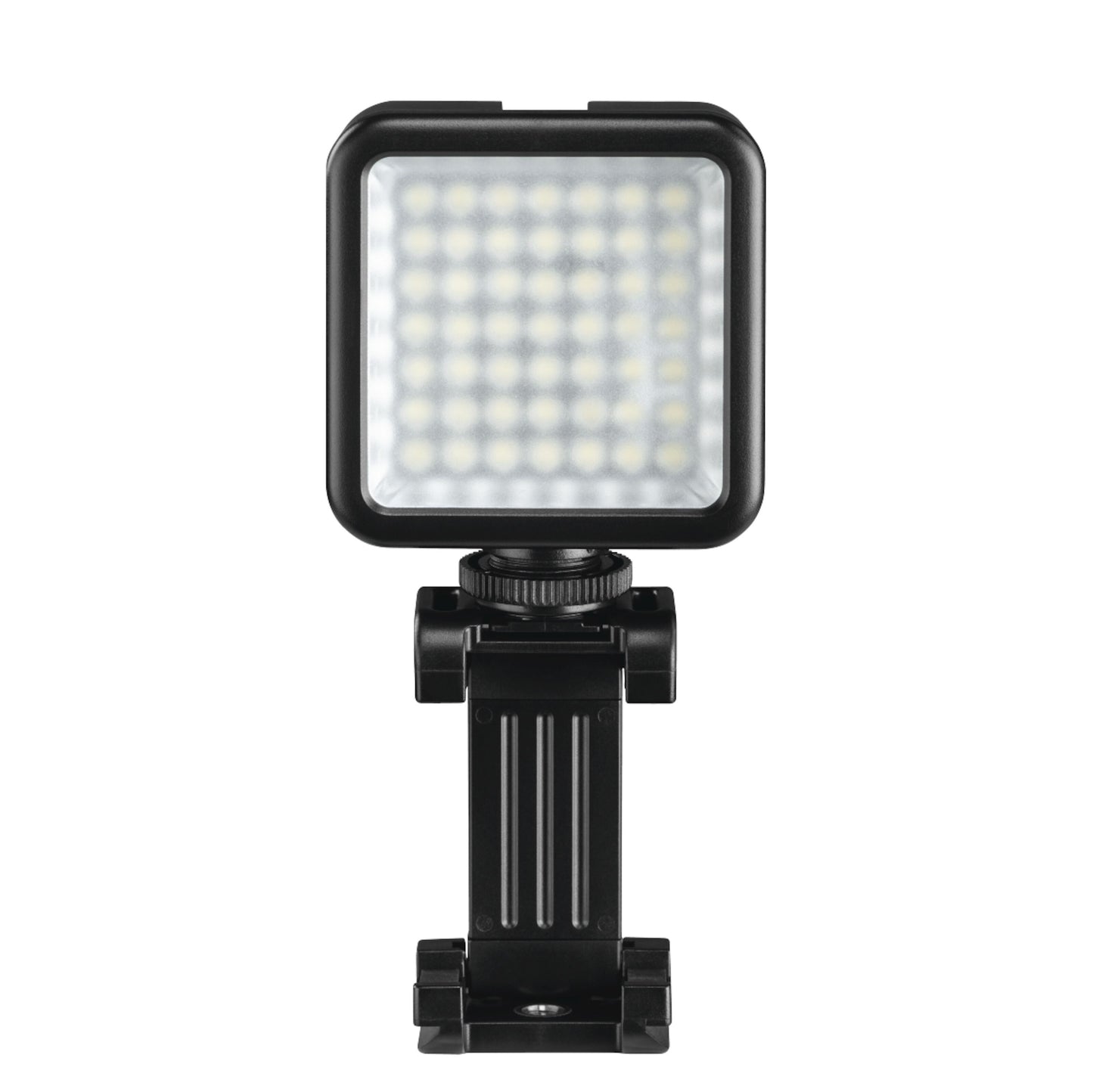 Hama 49 BD LED-belysning, kompakt kvadratisk lampe med sort ramme og justerbart beslag til mobil og kamera.