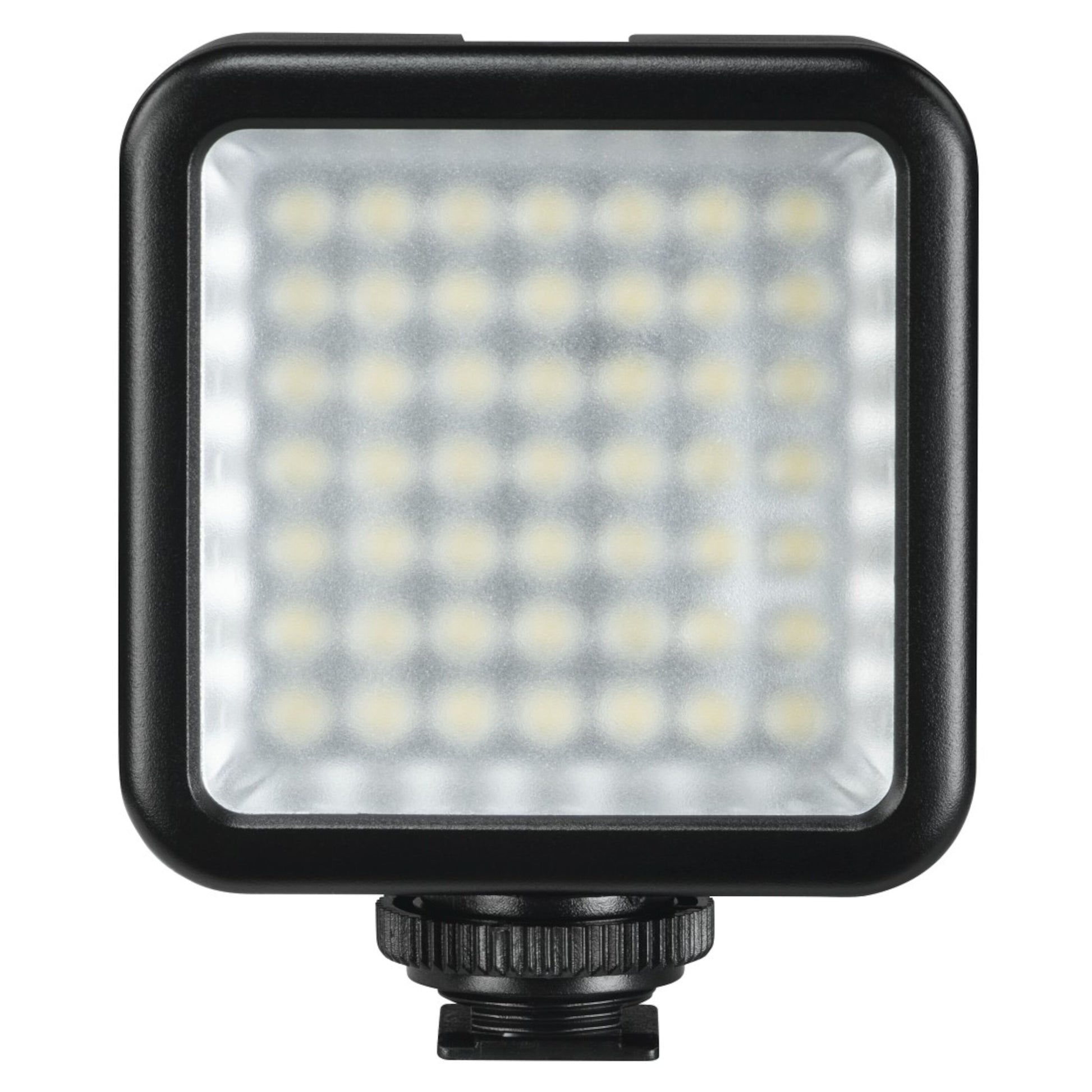 Hama 49 BD LED-lys til mobil/kamera, firkantet panel, justerbar lysstyrke, sort ramme, små hvide LED'er, sort base.