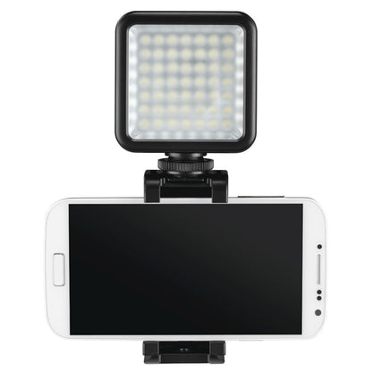 Hama 49 BD LED-lys med justerbar lysstyrke til foto og video, monteres over mobil eller kamera.