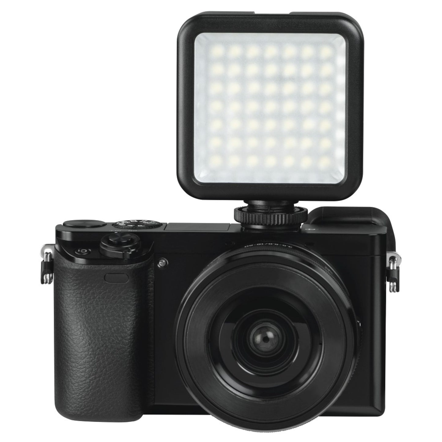 Hama 49 BD LED-belysning firkantet justerbar lysplade til mobil og kamera, monteret på sort digitalkamera med bred linse.