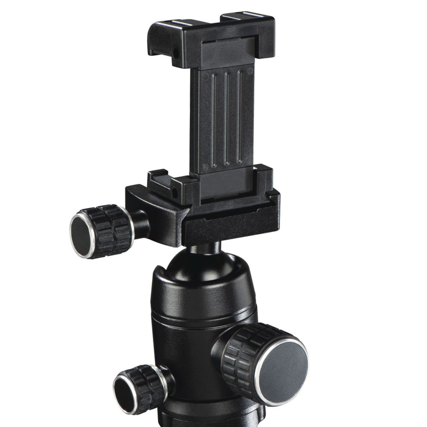 Hama 49 BD sort tripod-holder med drejeknapper, kugleled og plads til mobil eller kamera, kompatibel med LED-belysning.