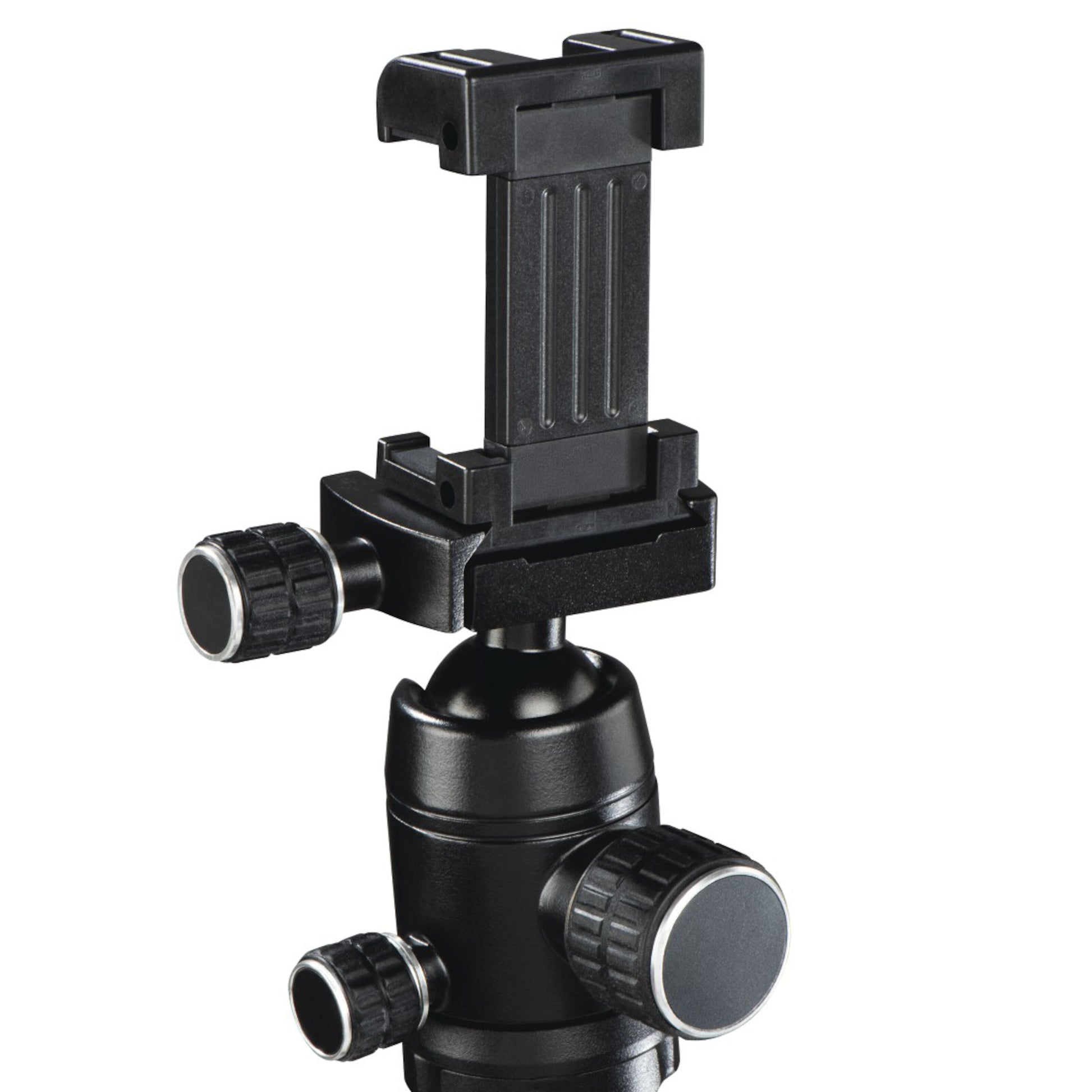 Hama 49 BD sort tripod-holder med drejeknapper, kugleled og plads til mobil eller kamera, kompatibel med LED-belysning.