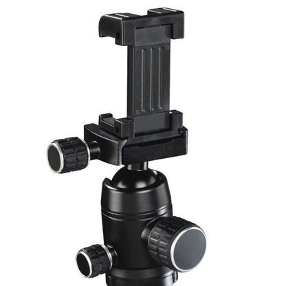 Hama 49 BD sort tripod-holder med drejeknapper, kugleled og plads til mobil eller kamera, kompatibel med LED-belysning.