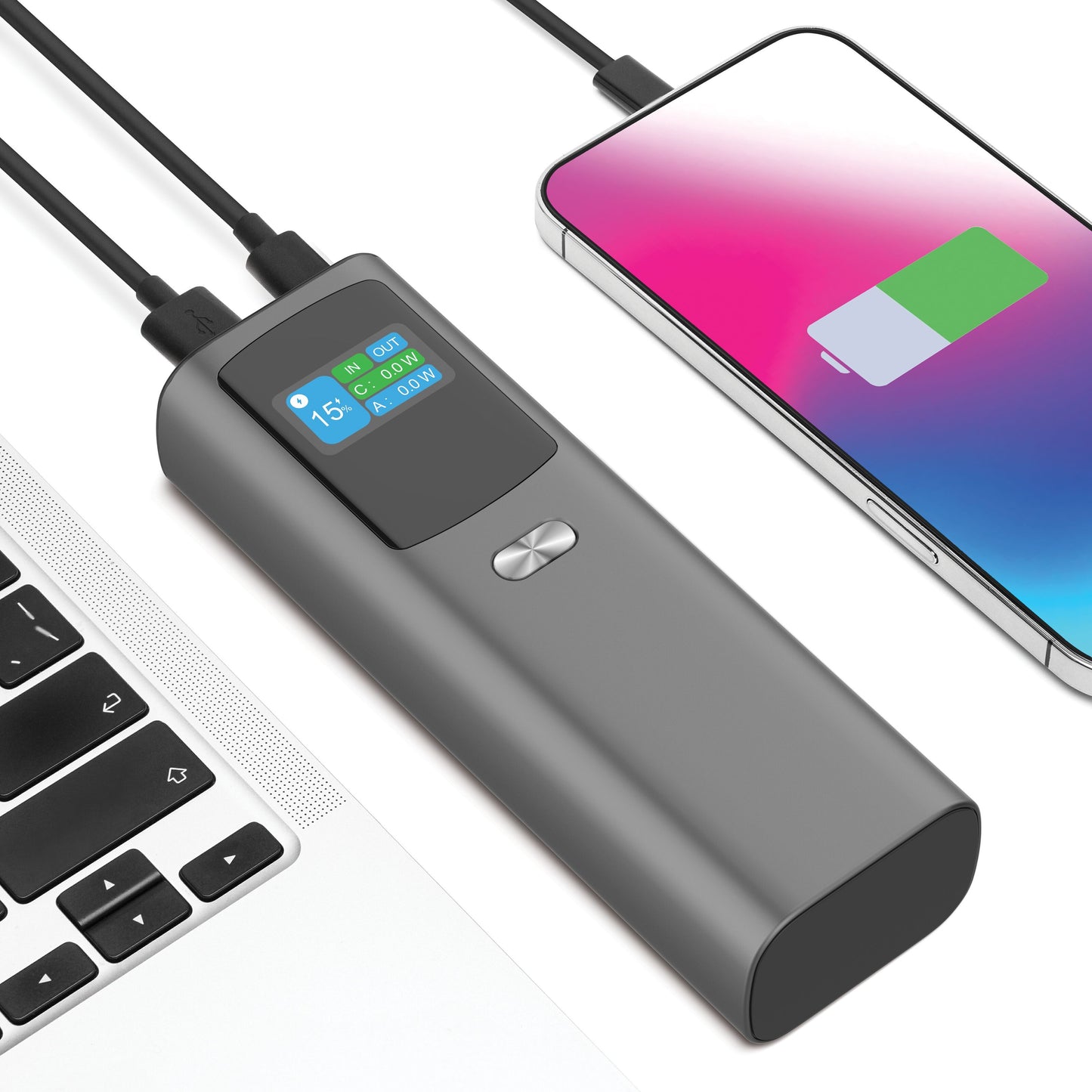 Linocell Premium Powerbank 100W 20000mAh med USB-C PD oplader mobil og laptop, viser batteriprocent og status.