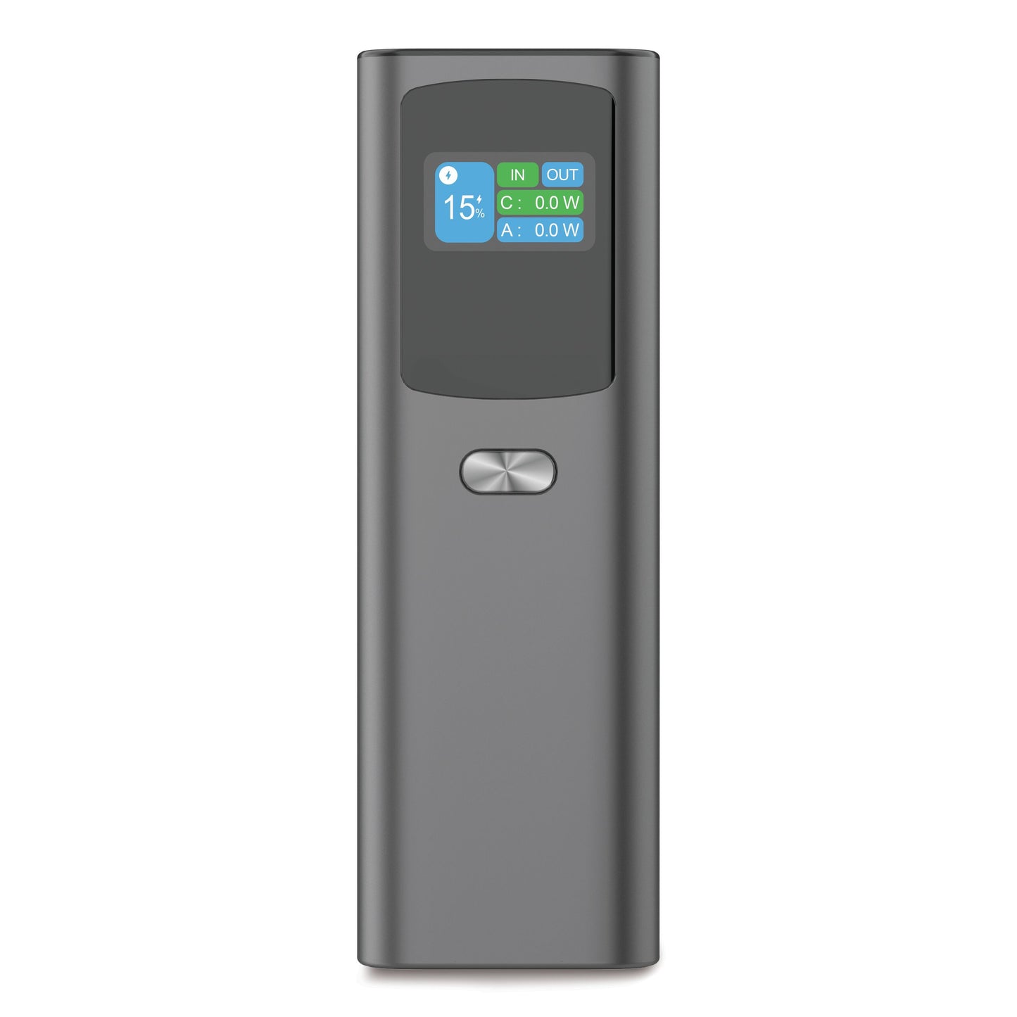 Linocell Premium Powerbank 100 W 20000 mAh, rektangulær, lille digitalt display, to knapper, metallic grå, USB-C PD.