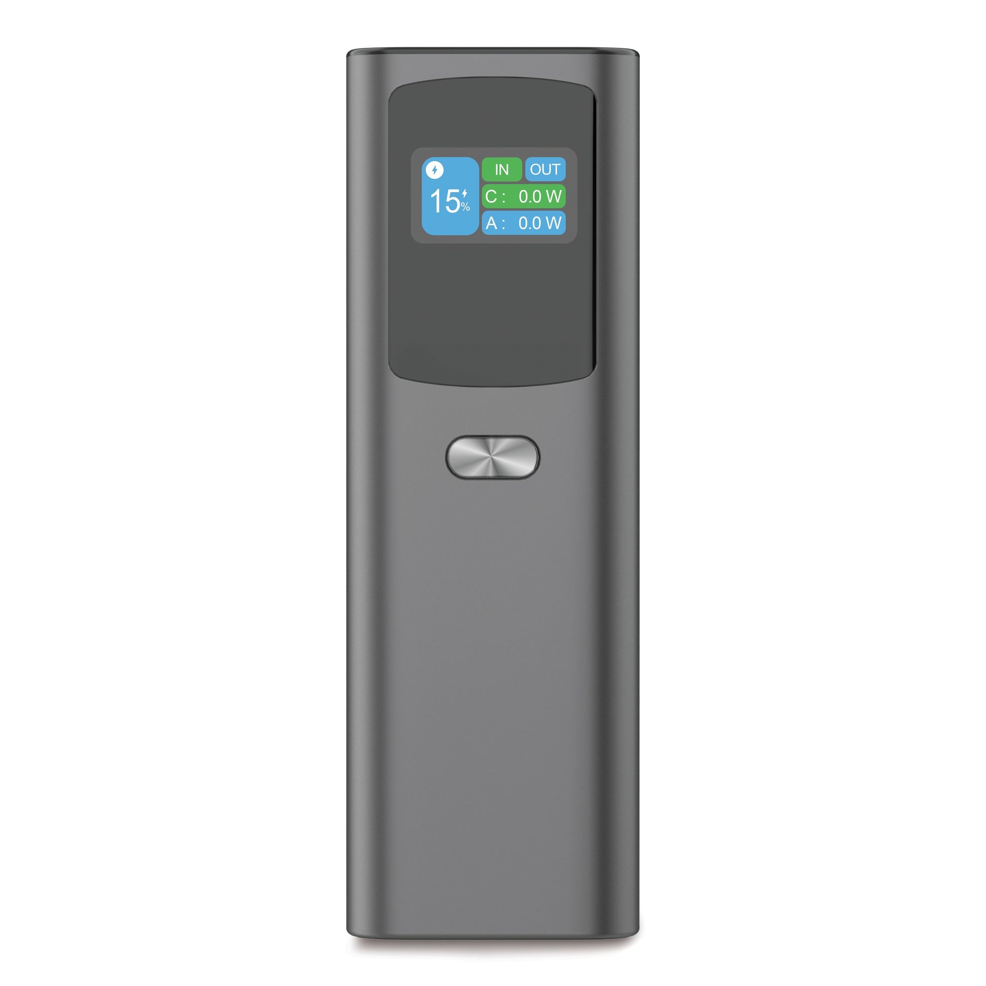 Linocell Premium Powerbank 100 W 20000 mAh, rektangulær, lille digitalt display, to knapper, metallic grå, USB-C PD.
