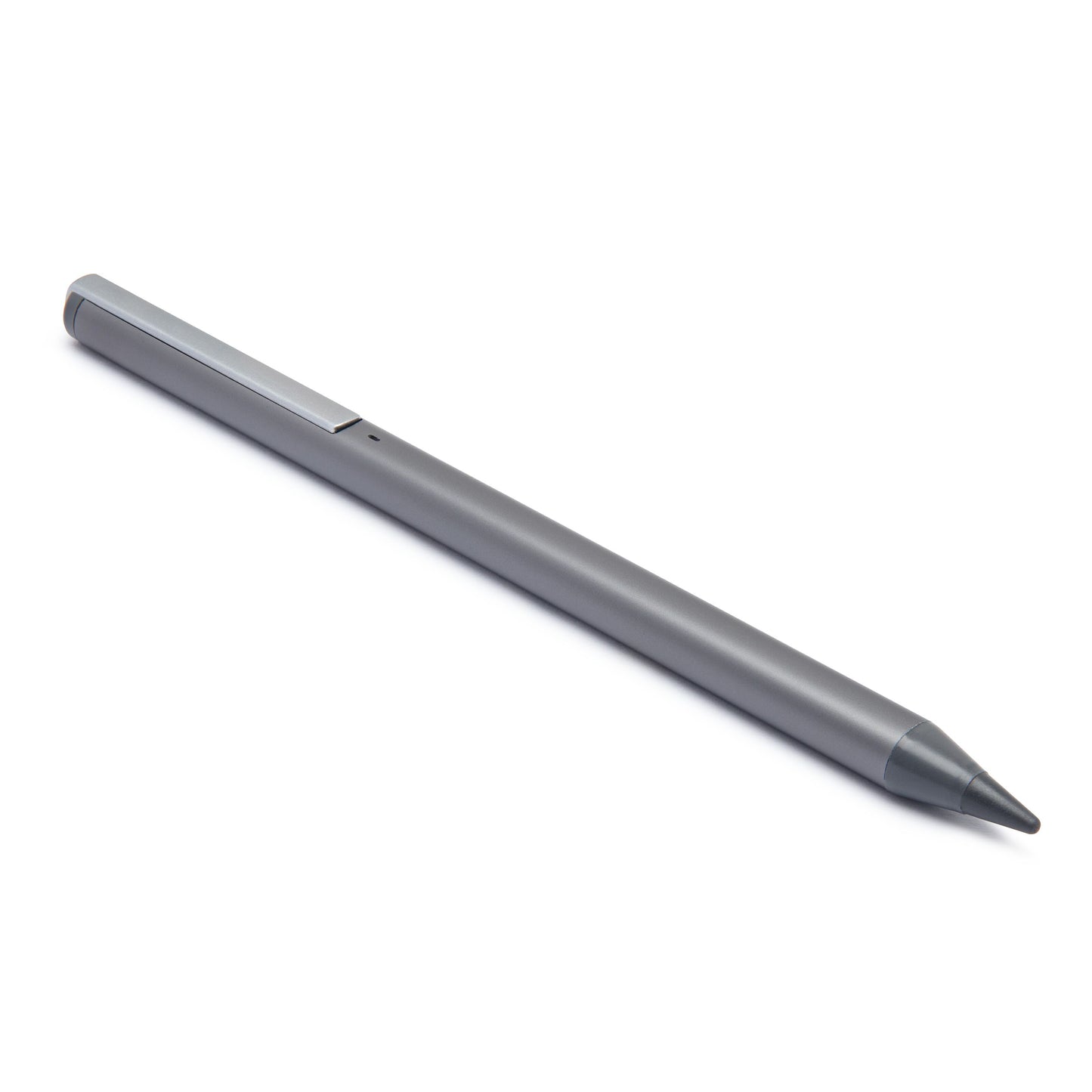 Linocell Aktiv stylus til iPad, iPhone og Android, metallic grå med clips, vist diagonalt med spidser nedad til højre.