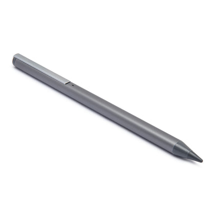 Linocell Aktiv stylus til iPad, iPhone og Android, metallic grå med clips, vist diagonalt med spidser nedad til højre.