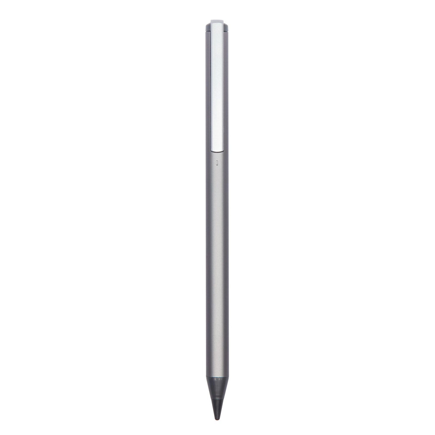 Aktiv stylus digital pen til iPad, iPhone, Android sølvfarvet med sort spids vist lodret.