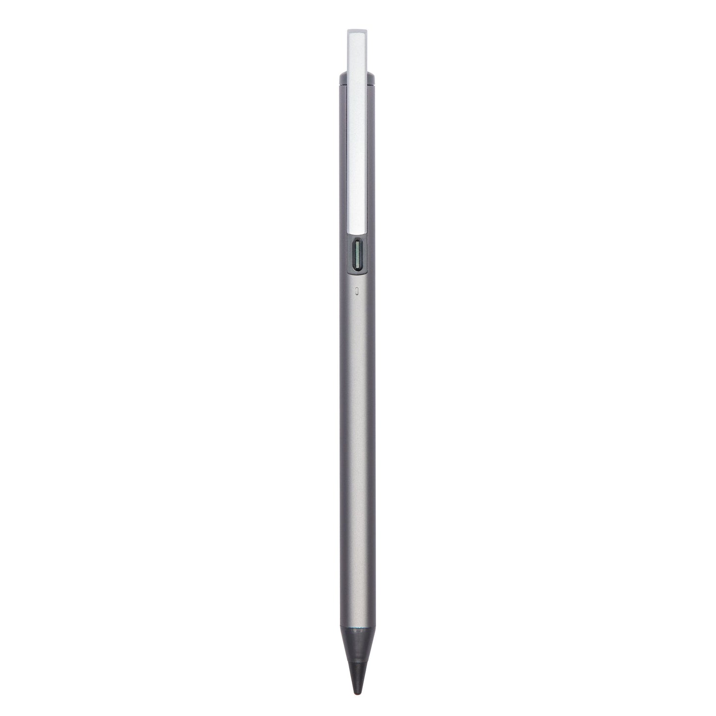 Aktiv stylus til iPad, iPhone og Android, sølvfarvet med sort spids og flad rektangulær clips øverst, vist lodret.