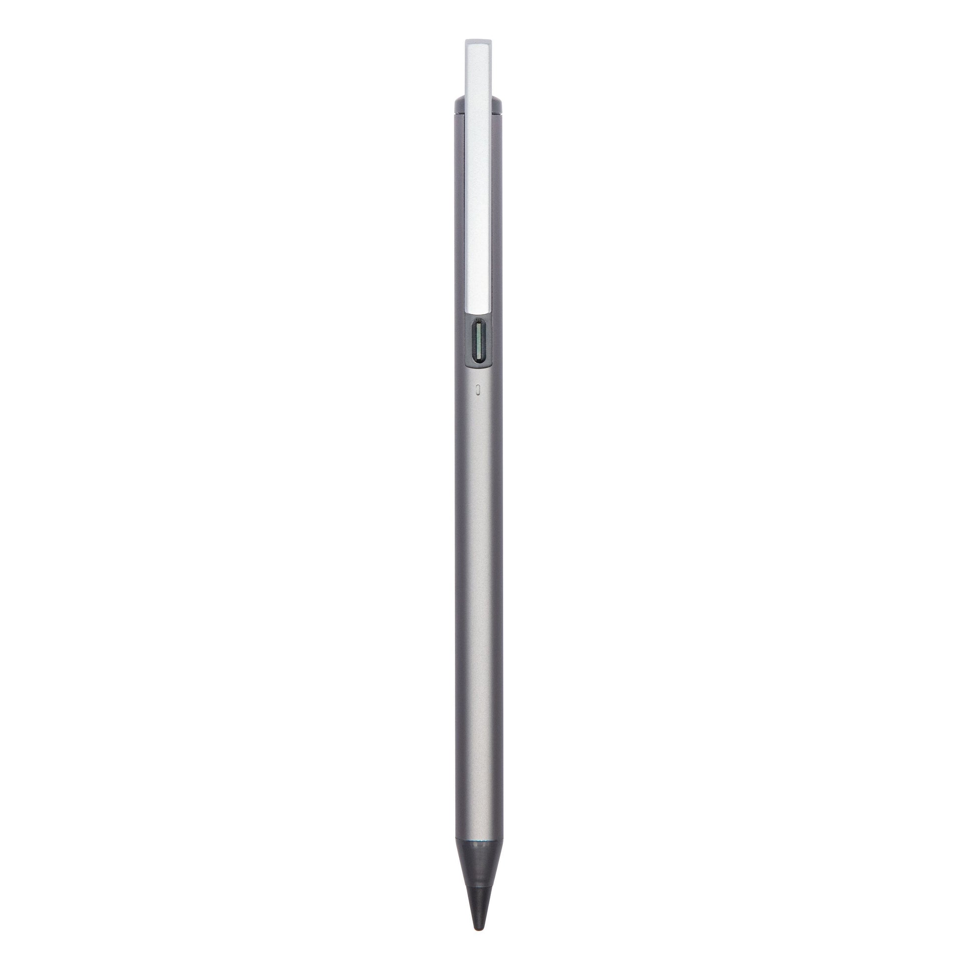 Aktiv stylus til iPad, iPhone og Android, sølvfarvet med sort spids og flad rektangulær clips øverst, vist lodret.