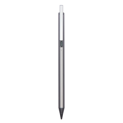Aktiv stylus til iPad, iPhone og Android, sølvfarvet med sort spids og flad rektangulær clips øverst, vist lodret.
