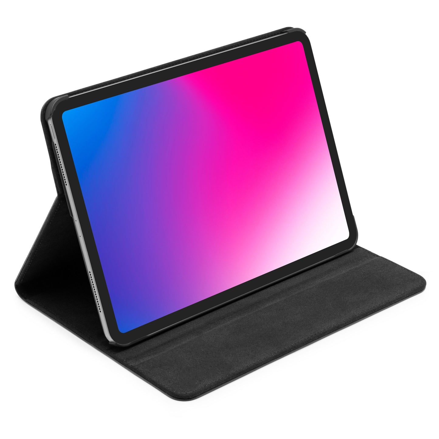 Apple iPad Pro 11" i sort svingbart etui vist stående i landskab med blå-pink gradient på skærmen.