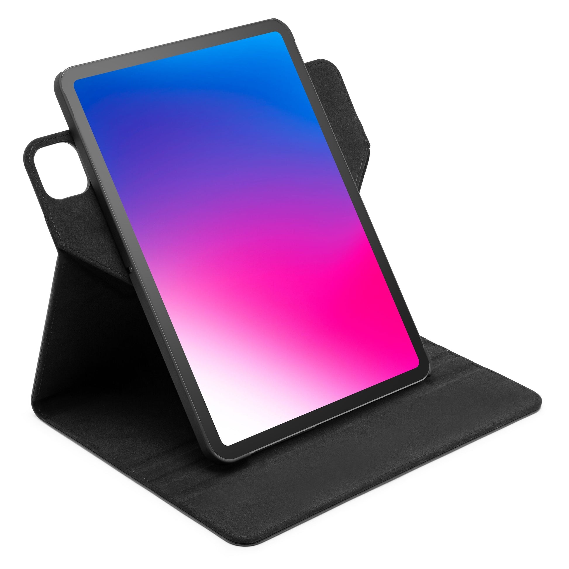 IPad Pro 11 i gradient blå-til-pink skærm i svingbart etui, vises opstillet i vinkel for visning.