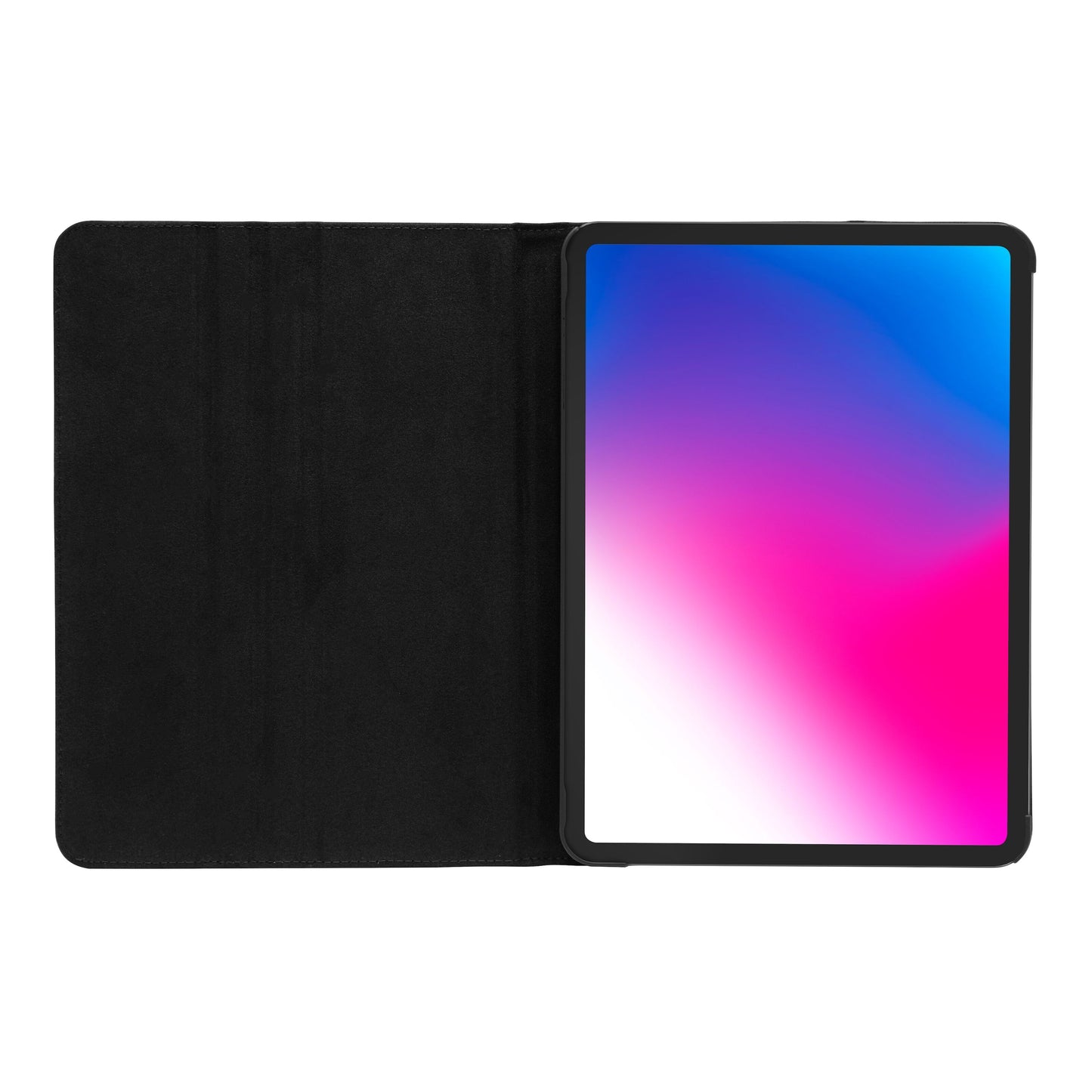 IPad Pro 11" med farverig skærm i sort Linocell Svingbart etui vist åbent og fladt.