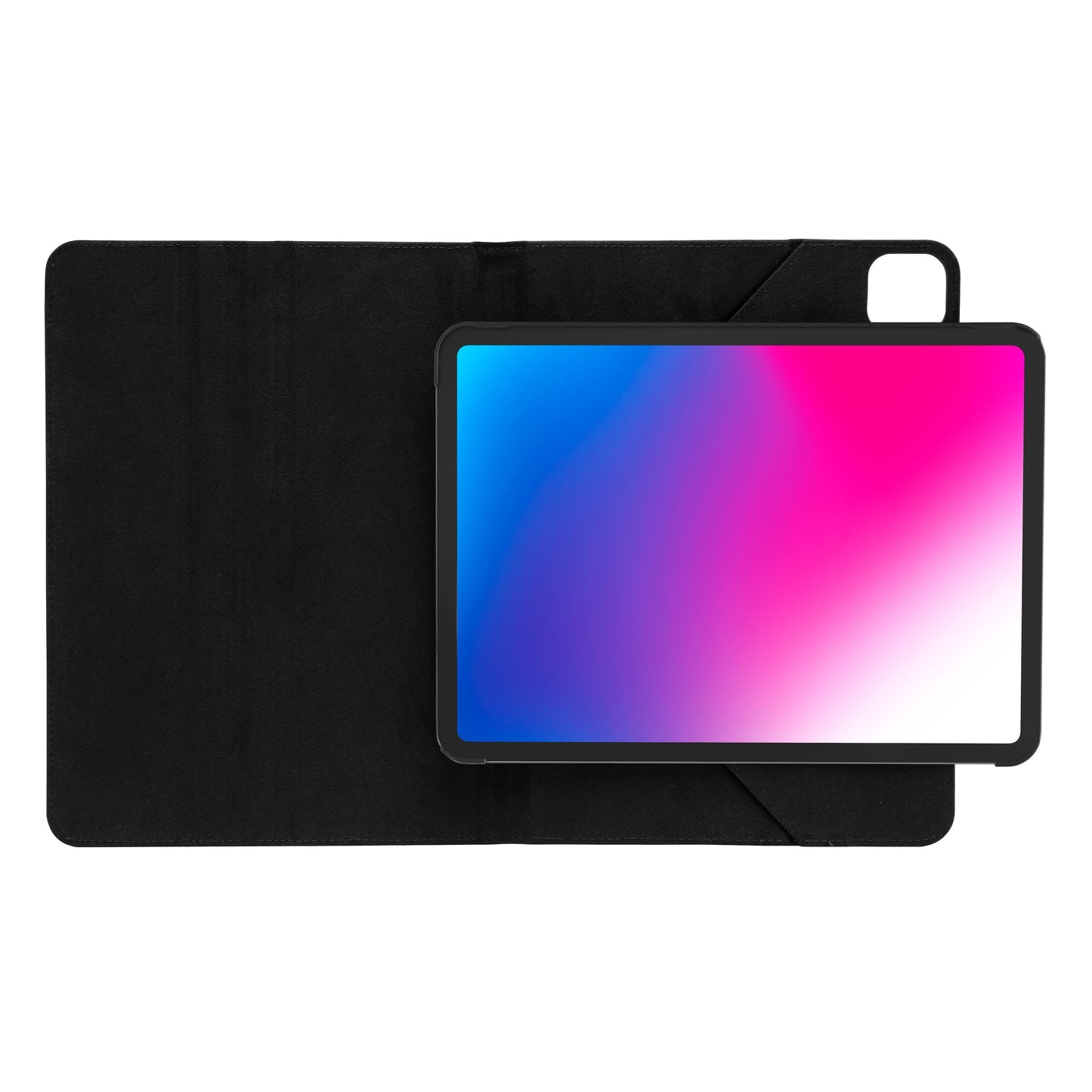 Svingbart etui til iPad Pro 11", åben med iPad Pro 11" synlig skærm til højre, venstre flap ligger fladt.