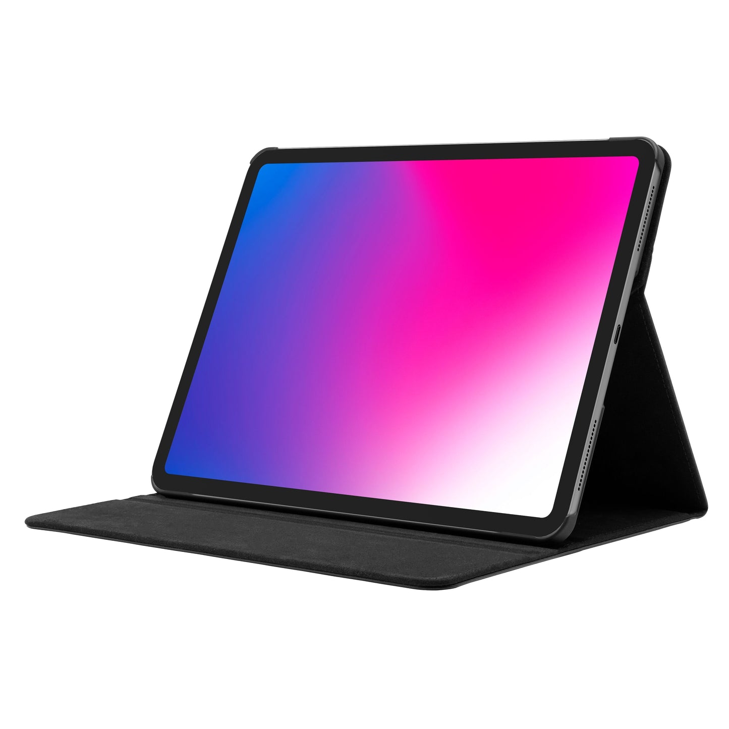 Sort Linocell Swivel-etui til iPad Pro 12,9"-serien, iPad står i tværformat med blå-lilla gradient på skærmen.