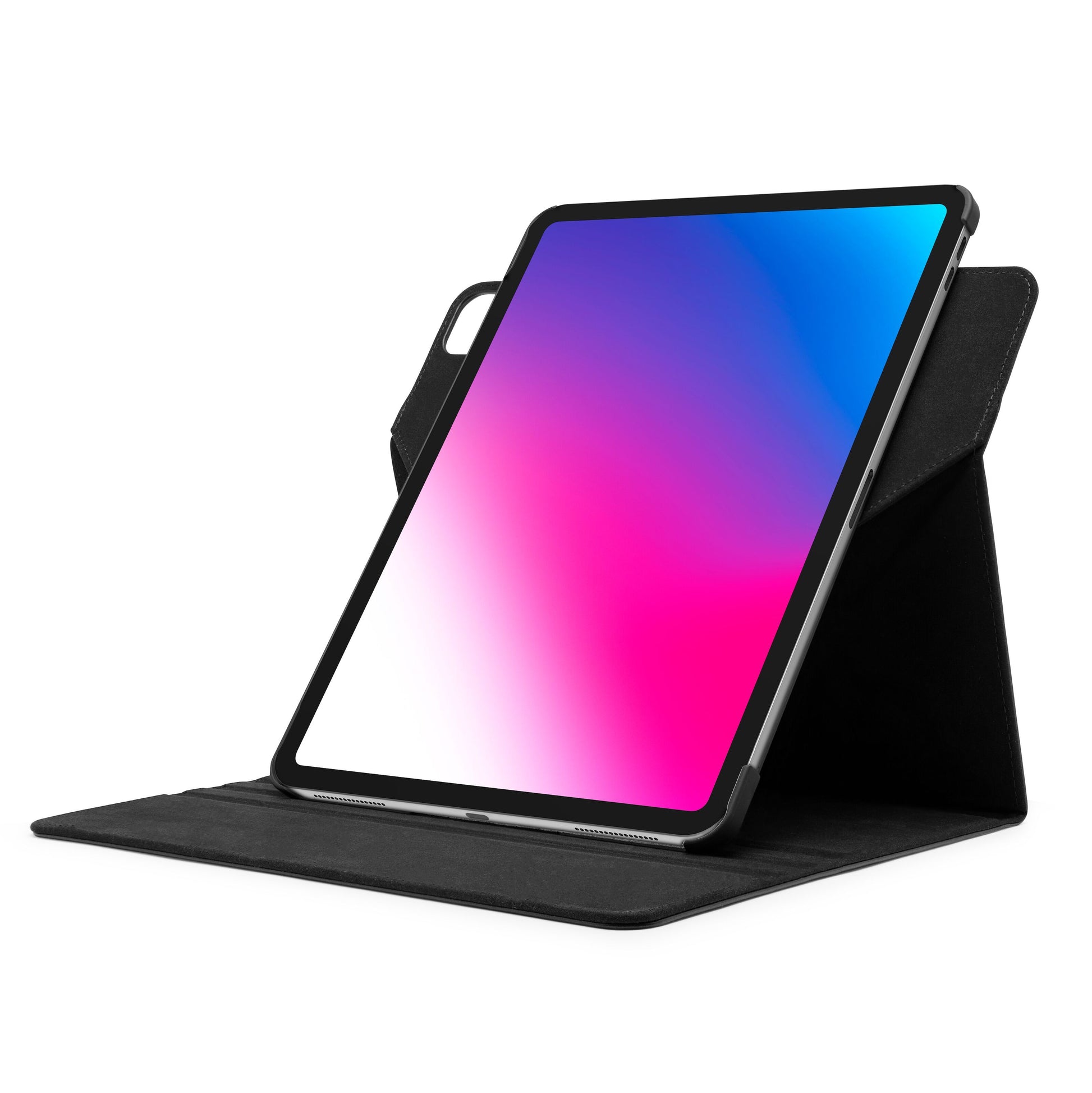 Apple iPad Pro 12.9" i sort cover, stående i landscape, skærm med blå, lilla, pink og hvide farver.