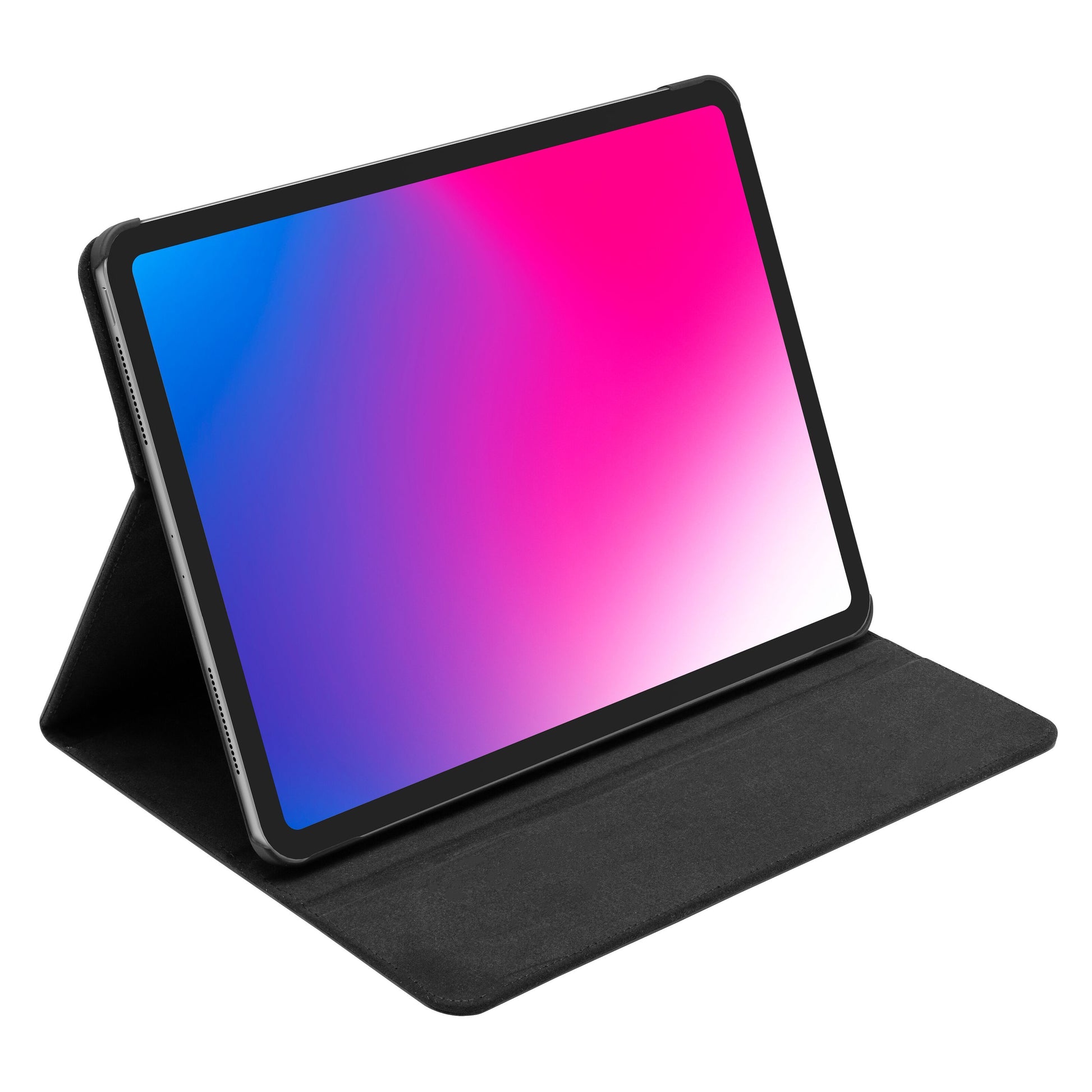 IPad Pro 12,9" i sort Swivel-etui til iPad Pro 12,9"-serien med farverig gradient-skærm, vises fra skrå vinkel.