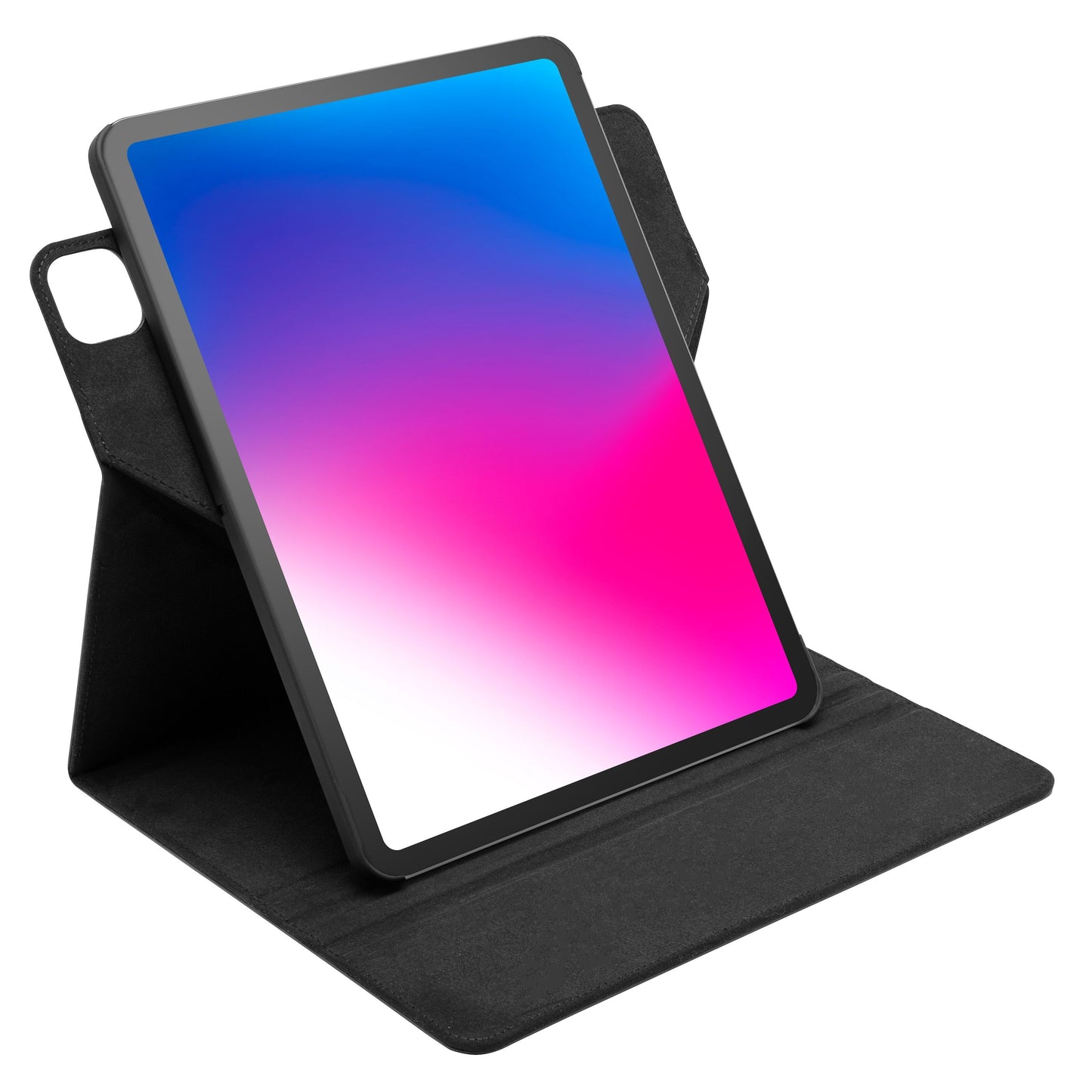 IPad Pro 12,9" i gradientfarvet skærm stående i sort Swivel-etui, set fra siden i justeret vinkel.