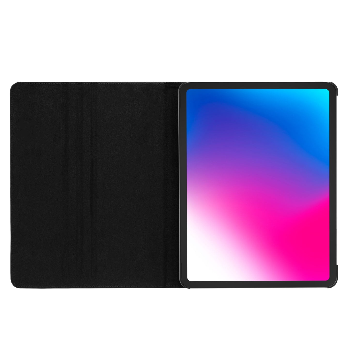 Swivel-etui til iPad Pro 12,9" serien, sort, åbent med synlig skærm med pink, lilla og blå farvegradient.