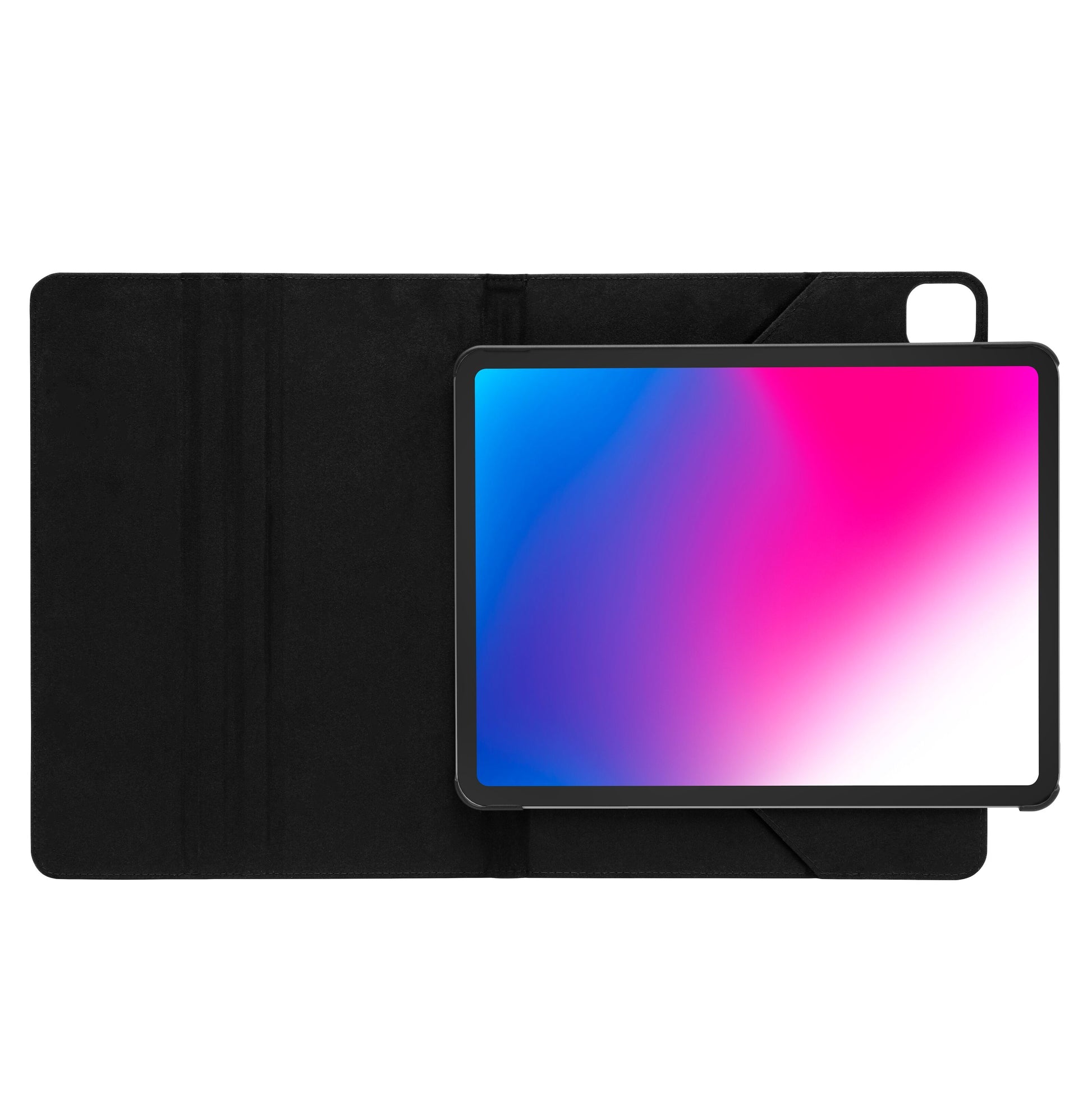 Swivel-etui til iPad Pro 12,9-serien monteret på iPad med pink, blå og hvid skærmgradient.