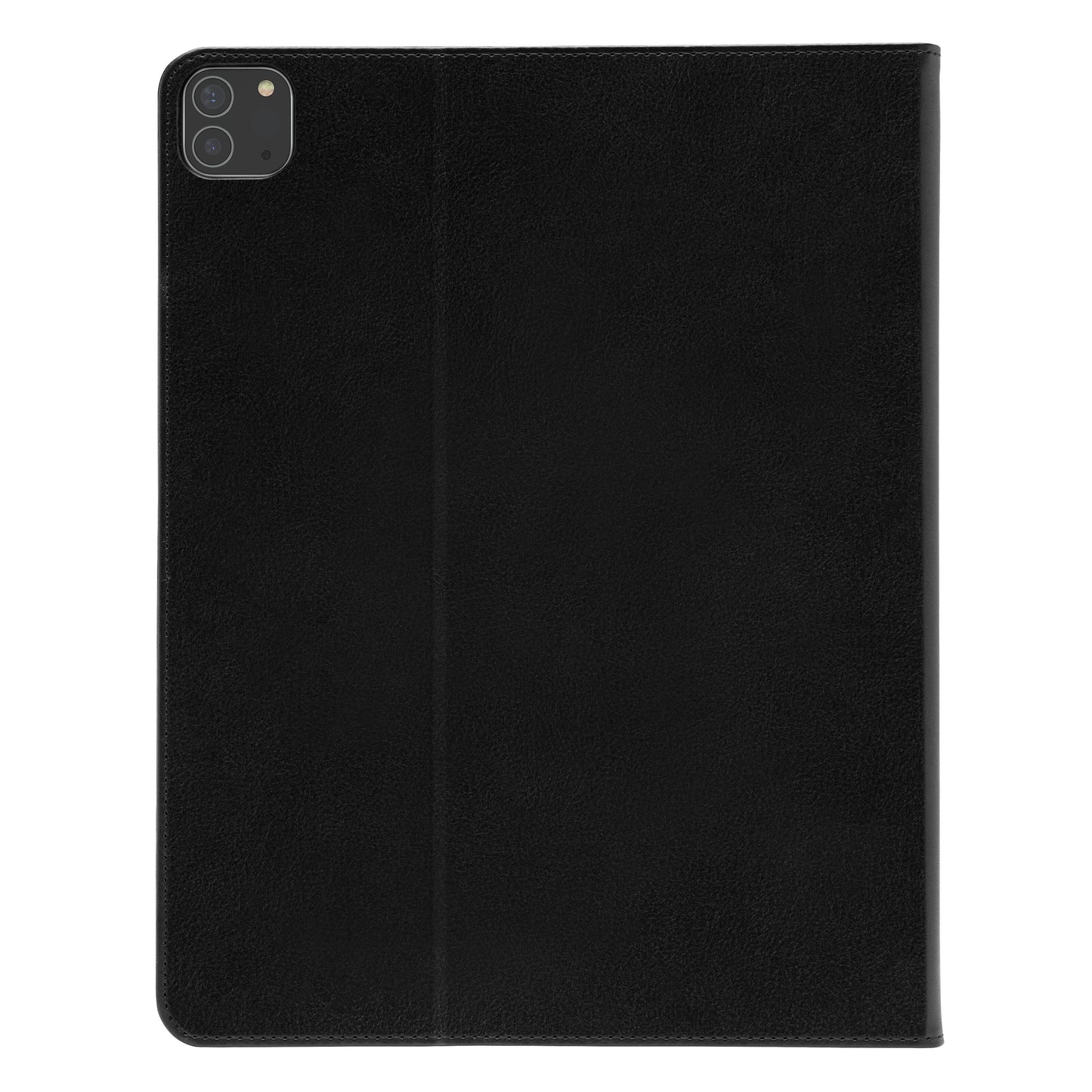 Sort Swivel-etui til iPad Pro 12,9", tekstureret bagside, dobbelt kamerahul øverst til venstre, centreret syning.
