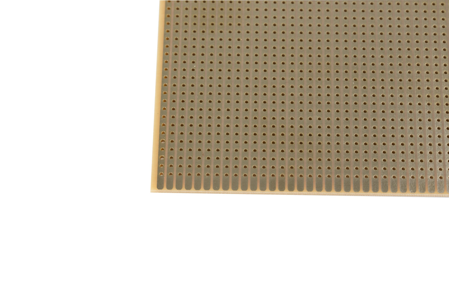 Kemo Eksperimentkort FR2 100x160 mm prototyping board med kobberbaner og huller, udsnit af boardet vises.