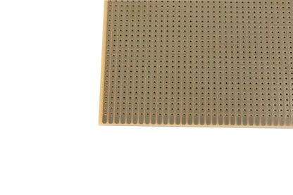 Kemo Eksperimentkort FR2 100x160 mm prototyping board med kobberbaner og huller, udsnit af boardet vises.