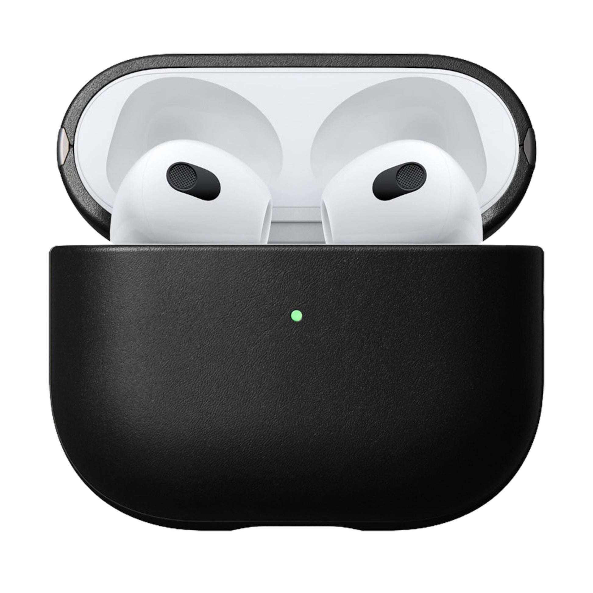 AirPods 3 i sort Nomad Moderne Horween-læderetui til AirPods Series 3 (2021) med front grønd indikatorlys.