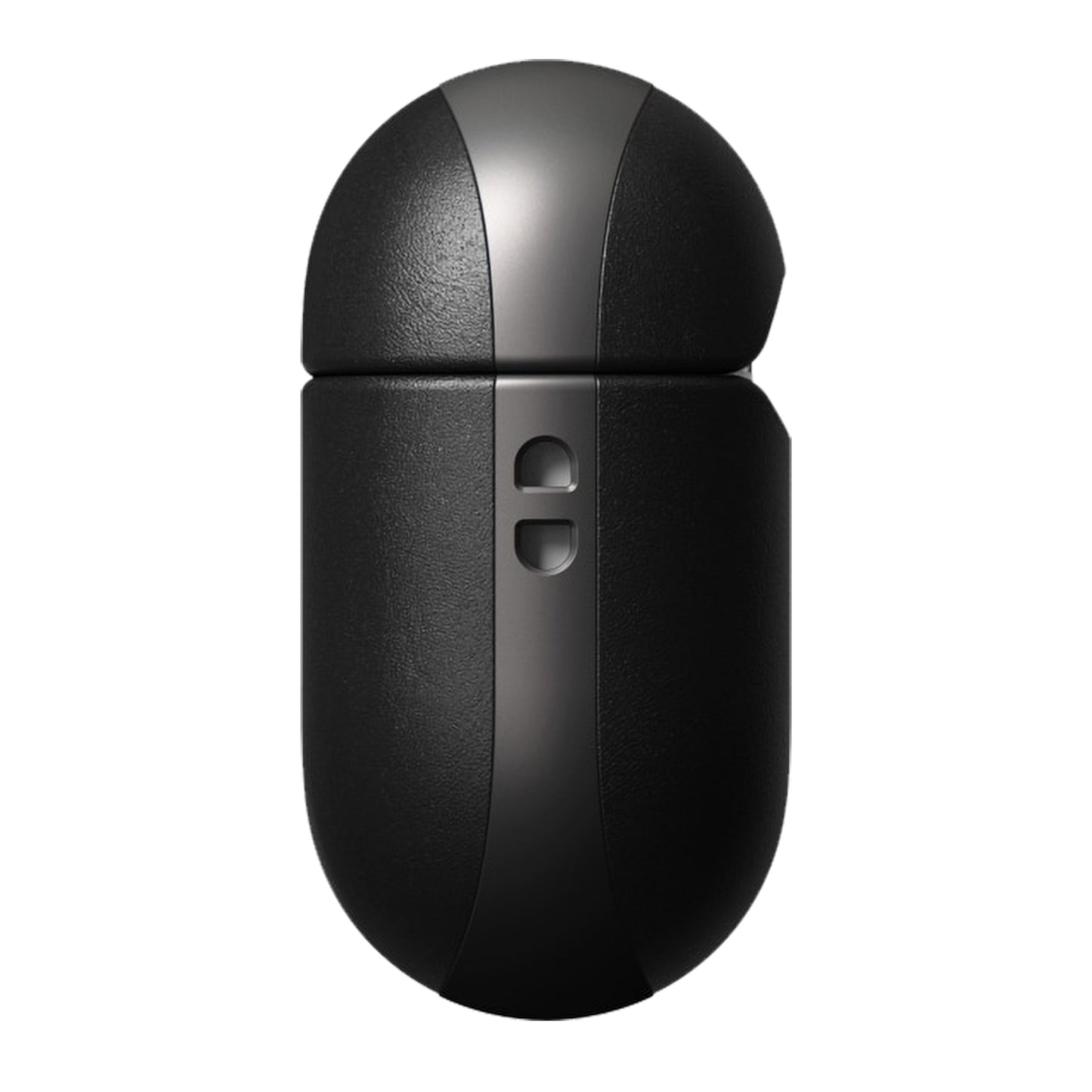 Moderne sort læderetui til AirPods Series 3 (2021), oval form, sølv lodret stribe, til frontindikatorer.