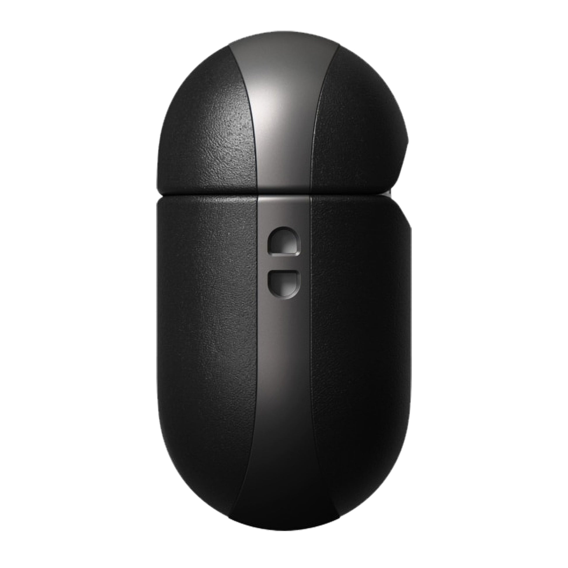 Moderne sort læderetui til AirPods Series 3 (2021), oval form, sølv lodret stribe, til frontindikatorer.