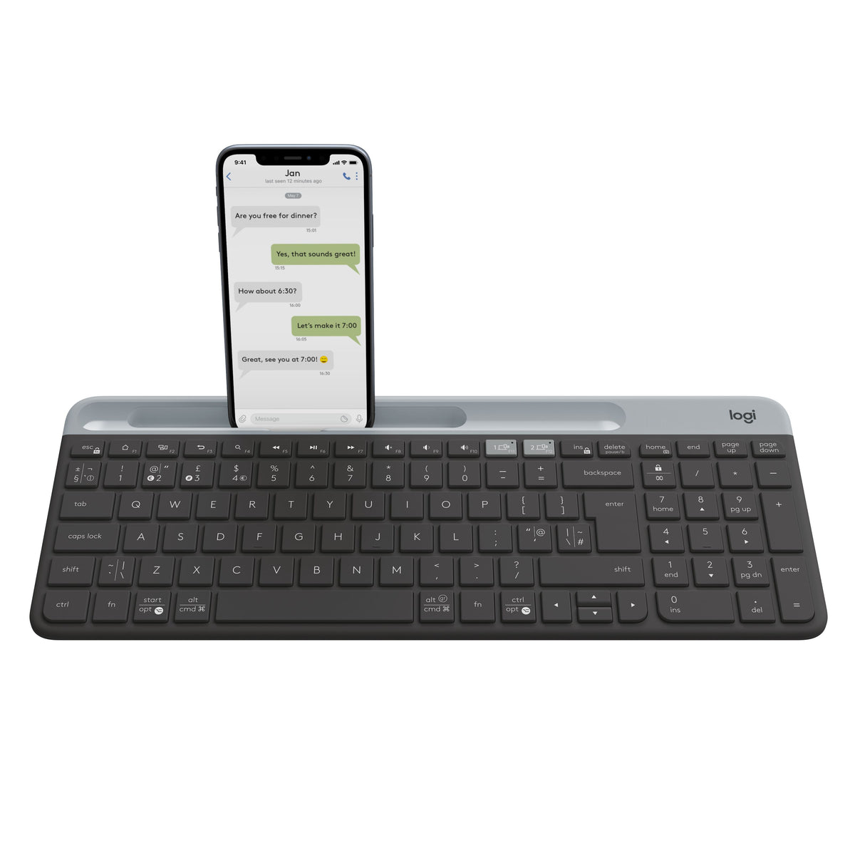 Logitech K580 – slankt trådløst tastatur med integreret holder til smartphone.