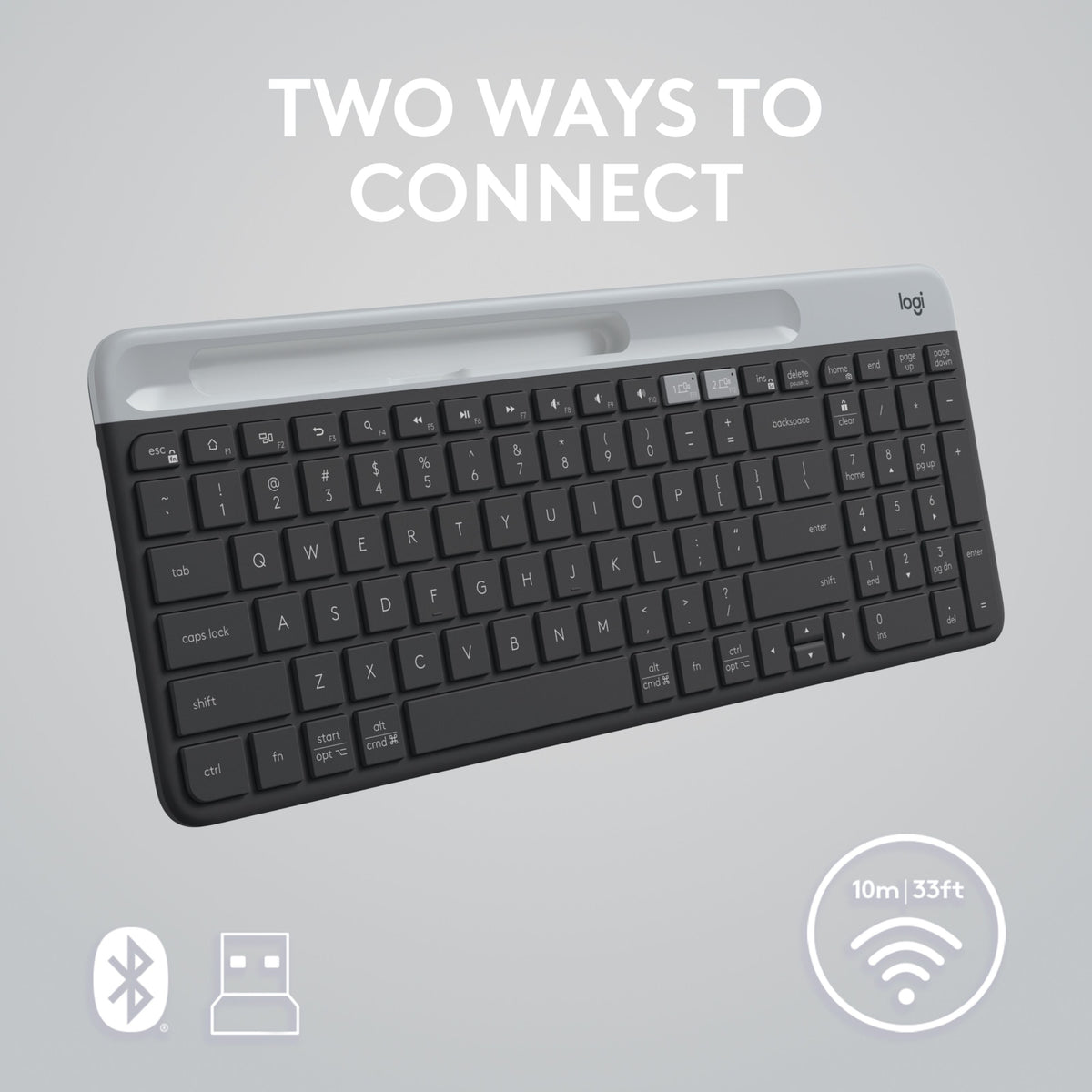 Logitech K580 trådløst tastatur med enhedsholder samt ikoner for Bluetooth- og USB-modtageren.