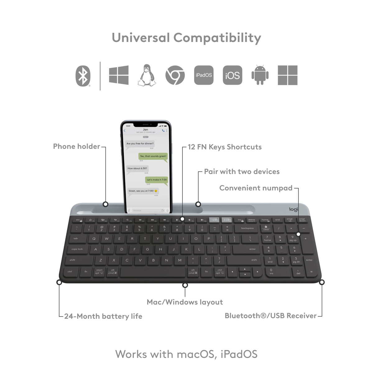 Logitech K580 trådløst tastatur med numerisk tastatur, smartphone-holder og infografik om tilslutning og OS-kompatibilitet.