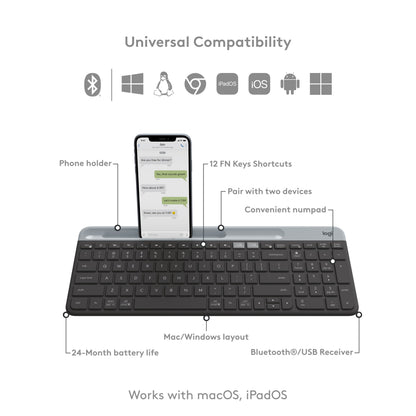 Logitech K580 trådløst tastatur med numerisk tastatur, smartphone-holder og infografik om tilslutning og OS-kompatibilitet.