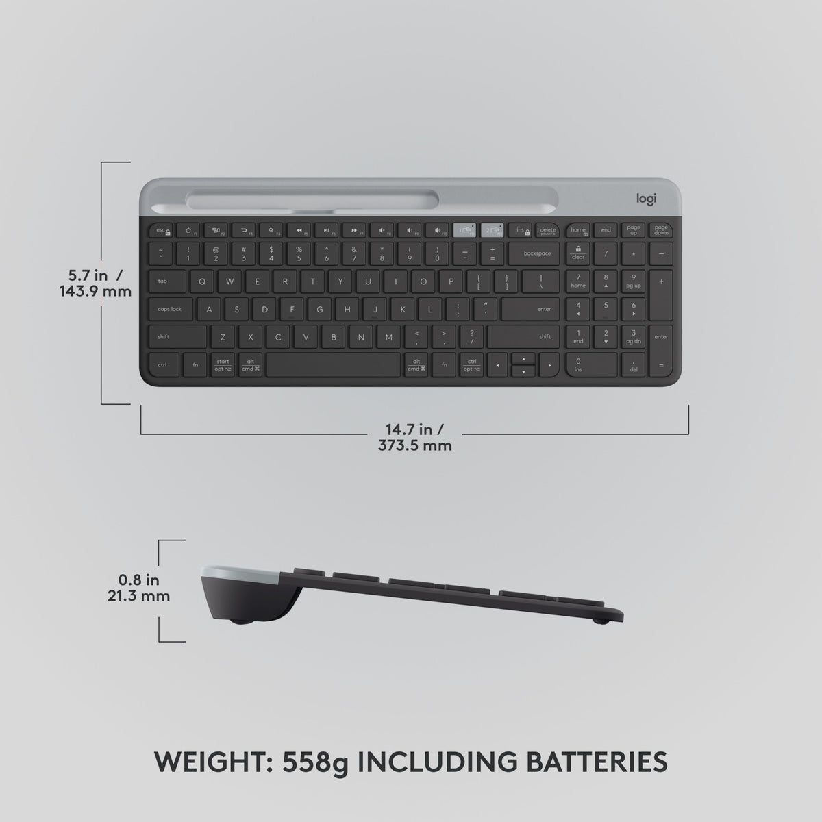 Logitech K580 trådløst tastatur, set forfra og fra siden, sorte taster, grå holder, vist med mål i tommer og mm.